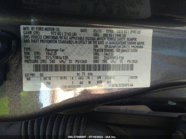 2012 FORD FOCUS SE VIN: 1FAHP3K28CL162689