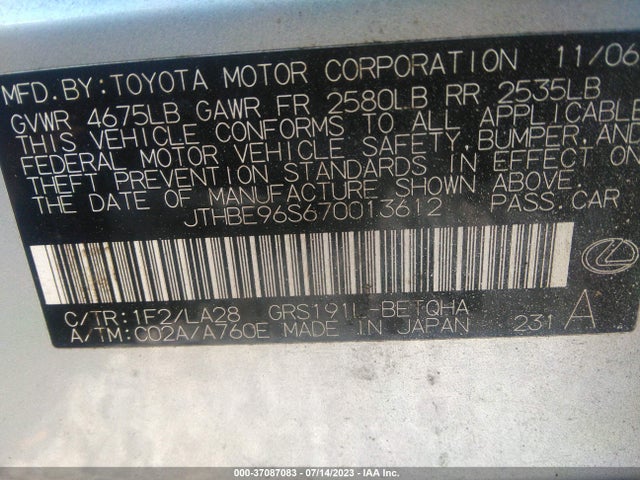 2007 LEXUS GS 350 VIN: JTHBE96S670013612