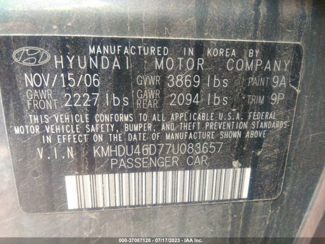 2007 HYUNDAI ELANTRA GLS/SE/LTD VIN: KMHDU46D77U083657