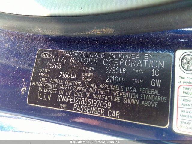 Aukcja sprzedaży 2005 Kia Spectra Lx/ex/sx, vin: KNAFE121855197059, numer aukcji: 37087161