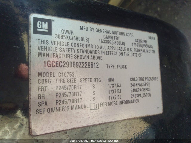 2009 CHEVROLET SILVERADO 1500 LT VIN: 1GCEC29069Z229612