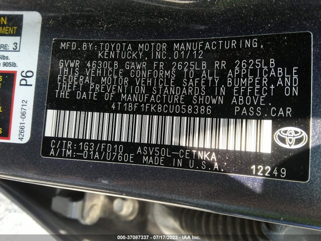 2012 TOYOTA CAMRY L/LE/SE/XLE VIN: 4T1BF1FK8CU058386