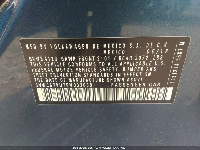 3VWC57BU7KM032089 Volkswagen Jetta S/se/r-line