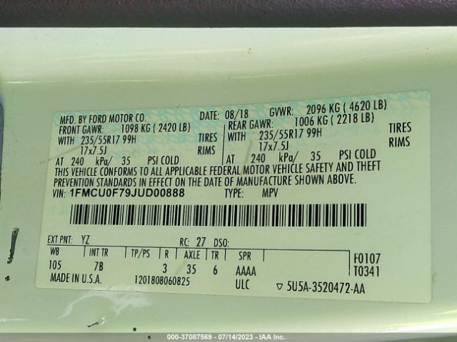 1FMCU0F79JUD00888 Ford ESCAPE S