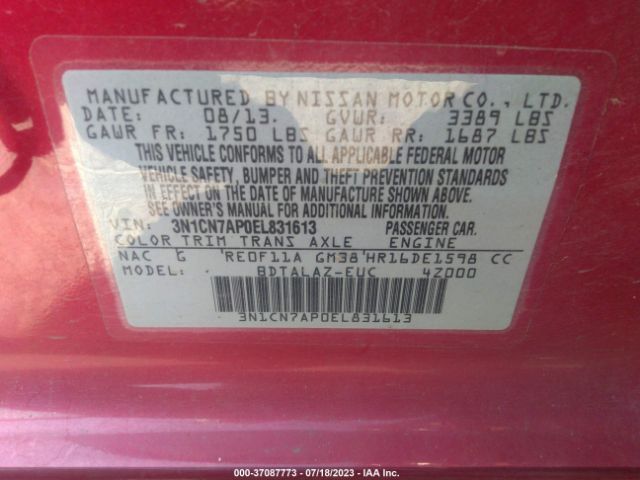 3N1CN7AP0EL831613 Nissan Versa S Plus