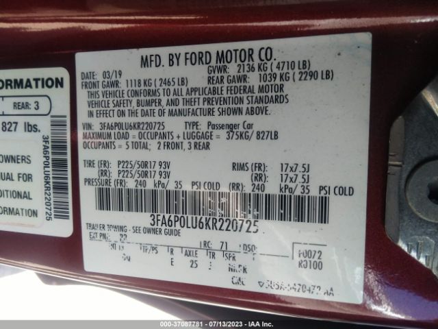 3FA6P0LU6KR220725 Ford Fusion Hybrid Se