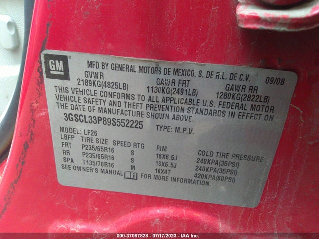 2009 SATURN VUE XE VIN: 3GSCL33P89S552225