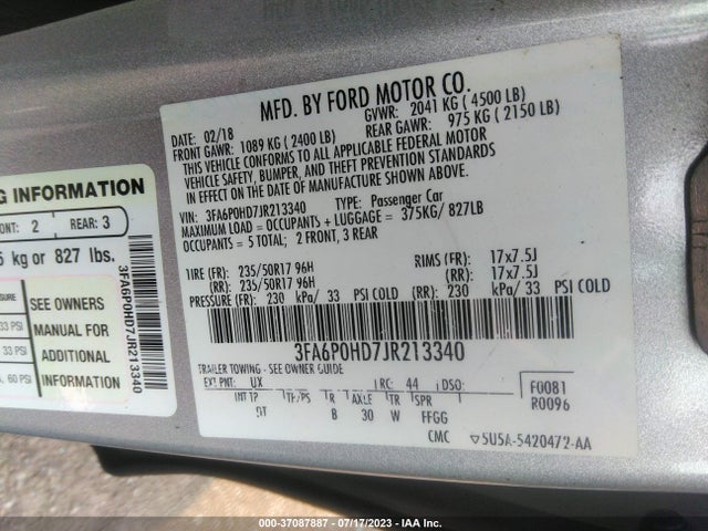2018 FORD FUSION SE VIN: 3FA6P0HD7JR213340