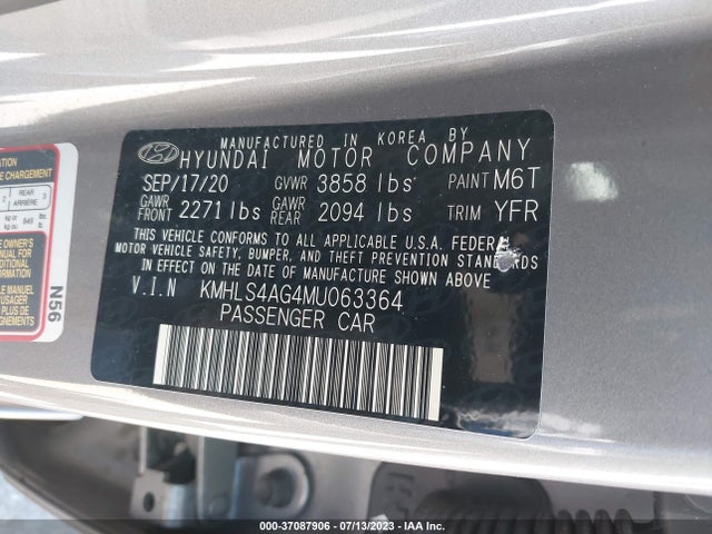 2021 HYUNDAI ELANTRA SEL VIN: KMHLS4AG4MU063364