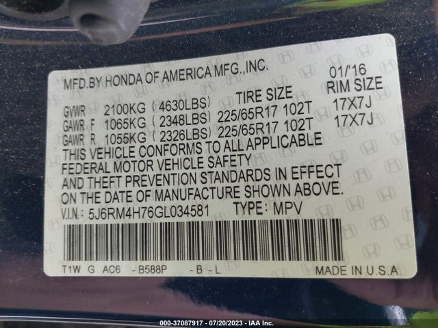 Honda Cr-v Ex-l 2016 5J6RM4H76GL034581 Image 9