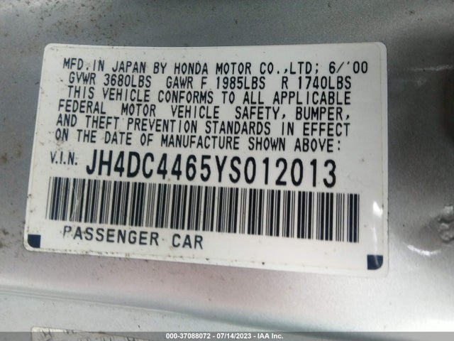 Aukcja sprzedaży 2000 Acura Integra Gs, vin: JH4DC4465YS012013, numer aukcji: 37088072