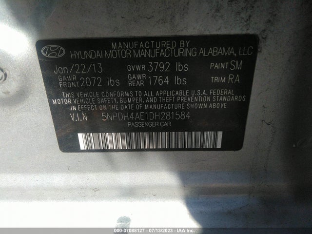 2013 HYUNDAI ELANTRA GLS PZEV VIN: 5NPDH4AE1DH281584