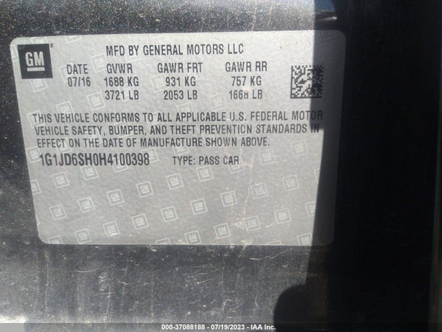Chevrolet SONIC LT 2017 1G1JD6SH0H4100398 Image 9