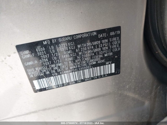 2020 SUBARU ASCENT LIMITED VIN: 4S4WMAPD4L3409002