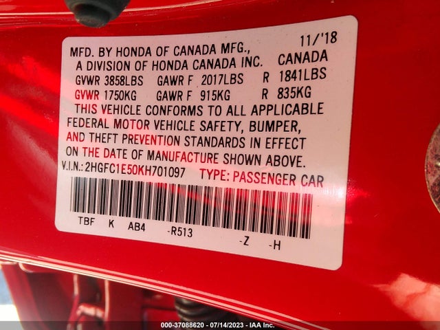 Honda CIVIC SI SEDAN 2019 2HGFC1E50KH701097 Image 9