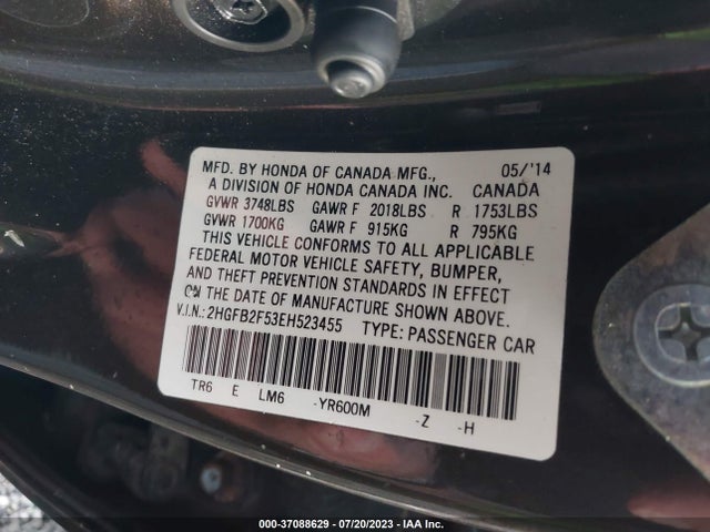 Honda Civic Sedan Lx 2014 2HGFB2F53EH523455 Image 9