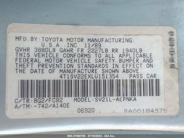 1990 TOYOTA CAMRY LE VIN: 4T1SV22EXLU151354