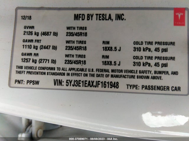 Tesla Model 3 Range Battery 2018 5YJ3E1EAXJF161948 Image 9