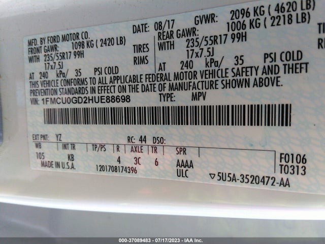 2017 FORD ESCAPE SE VIN: 1FMCU0GD2HUE88698