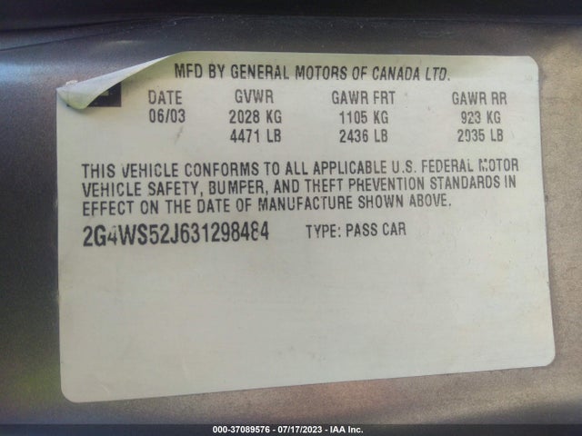 2003 BUICK CENTURY CUSTOM VIN: 2G4WS52J631298484