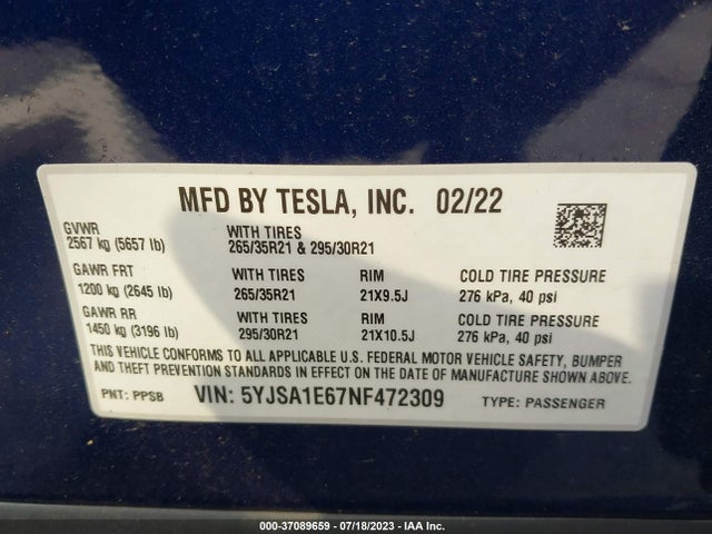 Tesla Model S Plaid 2022 5YJSA1E67NF472309 Image 16