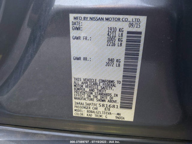 Nissan Altima 2.5 S 2015 1N4AL3AP7FC581681 Image 9