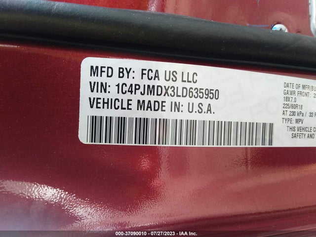 2020 JEEP CHEROKEE LIMITED VIN: 1C4PJMDX3LD635950