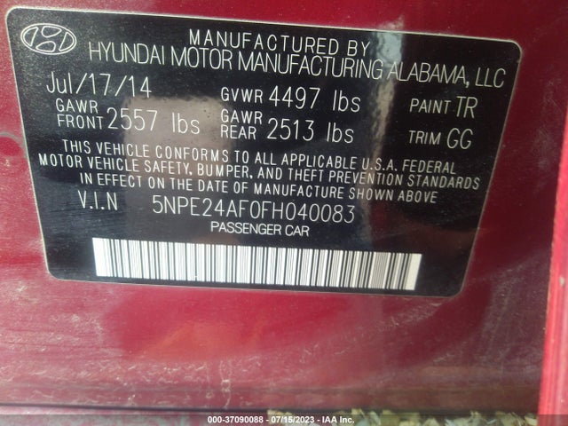 Hyundai Sonata 2.4l Se 2015 5NPE24AF0FH040083 Image 9
