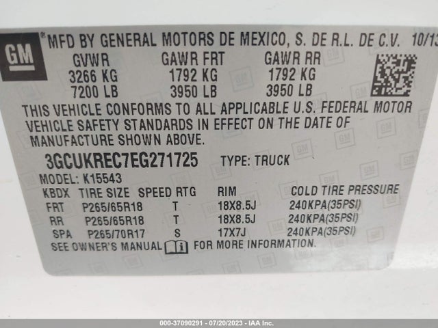 2014 CHEVROLET SILVERADO 1500 LT VIN: 3GCUKREC7EG271725