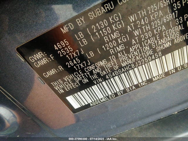 2018 SUBARU OUTBACK PREMIUM VIN: 4S4BSAHC8J3250458