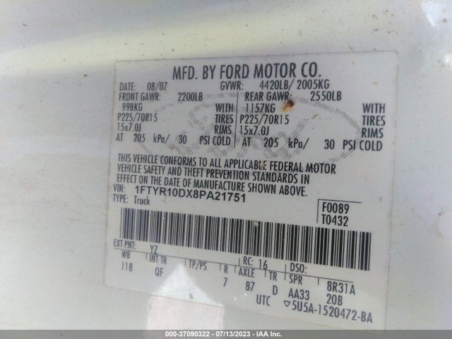 2008 FORD RANGER XL/XLT VIN: 1FTYR10DX8PA21751