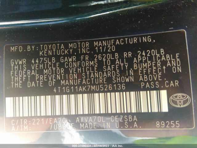 4T1G11AK7MU526136 Toyota CAMRY SE