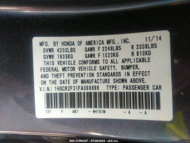 Honda Accord Sedan Lx 2015 1HGCR2F31FA069896 Image 9