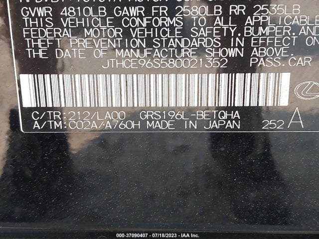 2008 LEXUS GS 350 VIN: JTHCE96S580021352