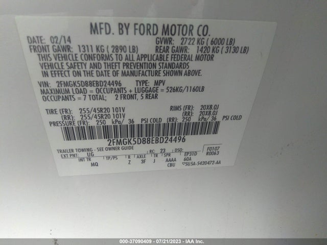 2014 FORD FLEX LIMITED VIN: 2FMGK5D88EBD24496