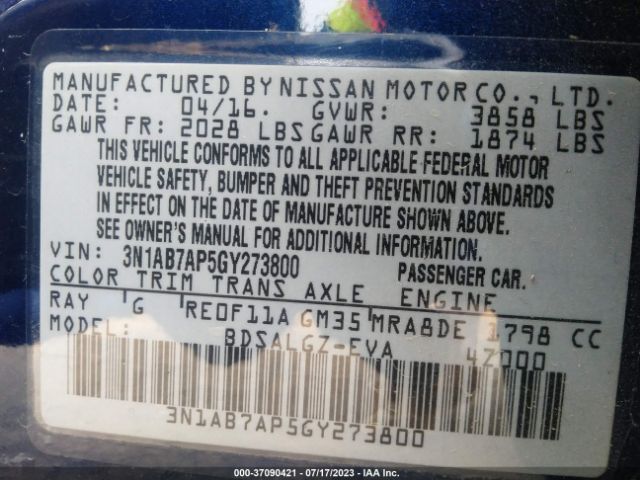 3N1AB7AP5GY273800 Nissan SENTRA SL