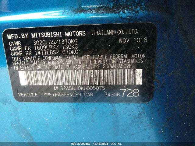 2019 MITSUBISHI MIRAGE GT/LE VIN: ML32A5HJ0KH005075