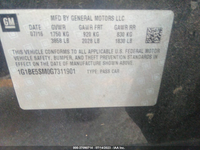 Chevrolet CRUZE LT 2016 1G1BE5SM0G7311901 Image 9