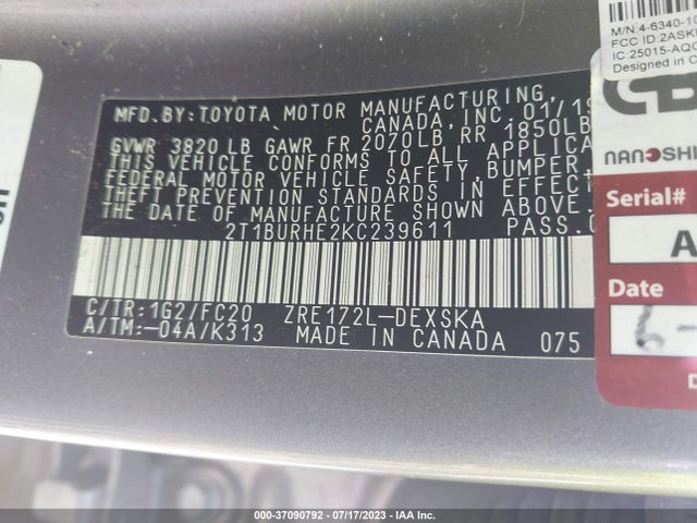 2019 TOYOTA COROLLA L/LE/SE/XLE/XSE VIN: 2T1BURHE2KC239611