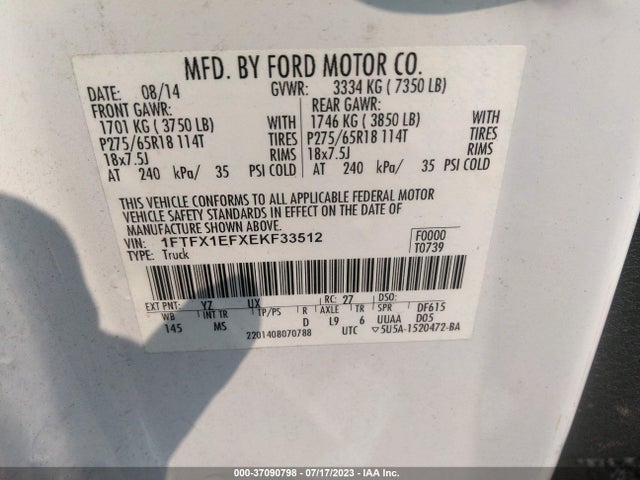 2014 FORD F-150 XL/XLT/STX/LARIAT/FX4 VIN: 1FTFX1EFXEKF33512