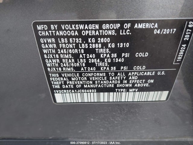 1V2CR2CA1JC504932 Volkswagen Atlas 3.6l V6 Se