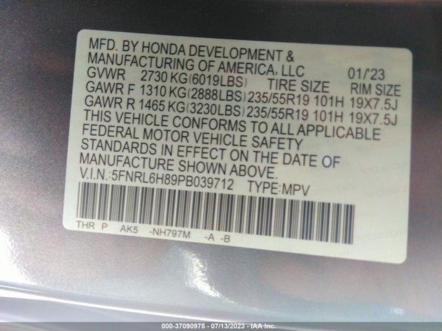 2023 HONDA ODYSSEY TOURING VIN: 5FNRL6H89PB039712