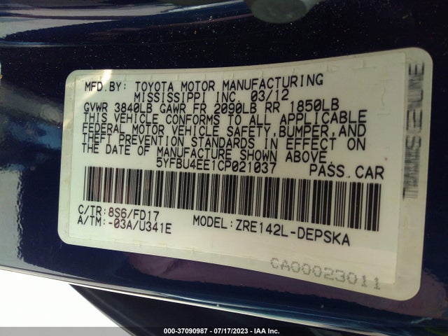 2012 TOYOTA COROLLA L/LE/S VIN: 5YFBU4EE1CP021037