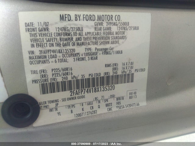 2008 FORD CROWN VICTORIA LX VIN: 2FAFP74V18X135320