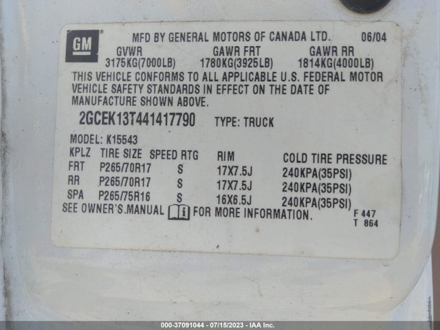 2004 CHEVROLET SILVERADO 1500 CREW CAB Z71 VIN: 2GCEK13T441417790