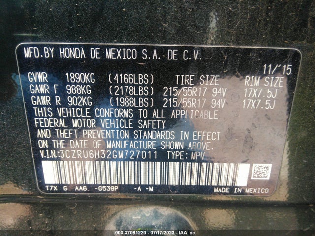Honda HR-V LX 2016 3CZRU6H32GM727011 Image 16