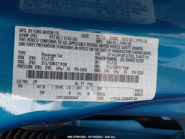 2014 FORD FOCUS SE VIN: 1FADP3F27EL149735