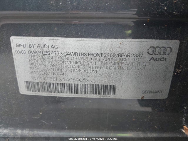 2004 AUDI A4 3.0L VIN: WAULT68EX4A084042