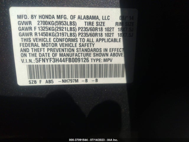 Honda Pilot Ex 2015 5FNYF3H44FB009126 Image 9