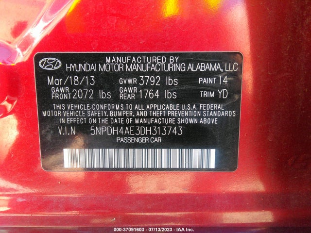 2013 HYUNDAI ELANTRA GLS VIN: 5NPDH4AE3DH313743